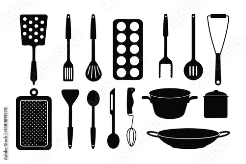 A collection of black silhouette kitchen utensils and cookware including spatulas whisks pots and a grater on a white background