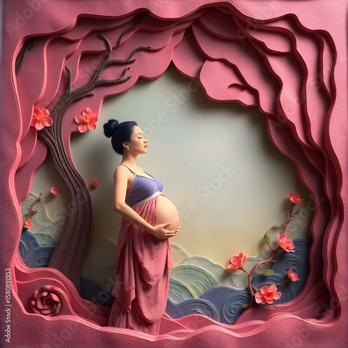 Pregnant Woman in Serene Artistic Setting with Pink Paper Art and Flowers