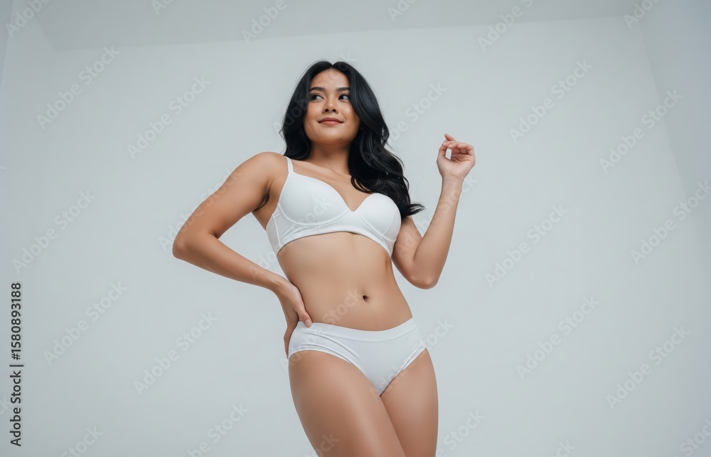 Fototapeta premium Charming Indonesian beauty in her 20s showcases perfect figure in white lingerie against pristine white background
