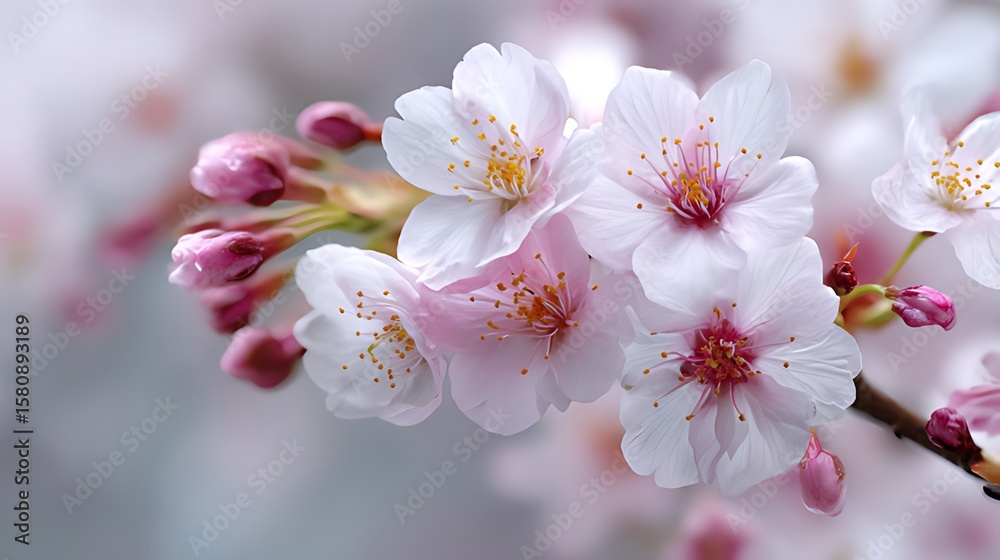 Fototapeta premium Delicate Cherry Blossoms in Springtime, Close-up of beautiful cherry blossoms in full bloom, showcasing soft pinks and whites.
