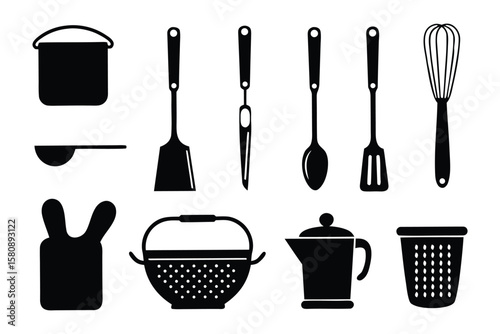 Kitchen Utensil Illustration: A sleek and modern illustration of essential kitchen tools, meticulously rendered in minimalist black and white, perfect for culinary and design projects.