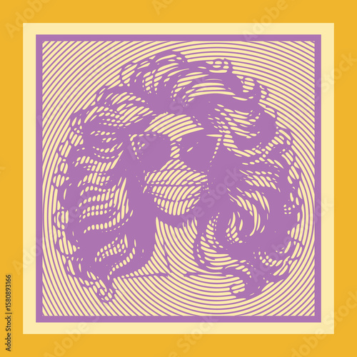 Purple Color Woman with a Mask Voluminous Hair and Stylish Sunglasses – Vibrant Color Engraving Canvas Template Stamp Lined Vector Design for Modern Art and Fashion Illustration Use