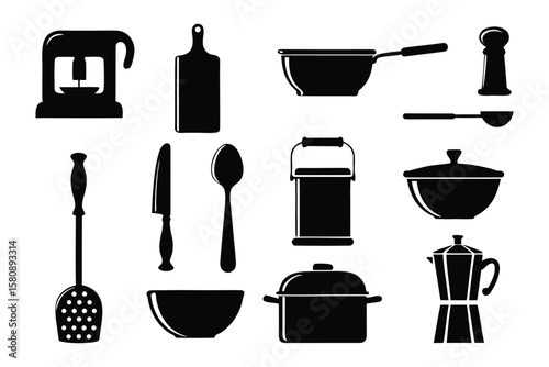A collection of black silhouette icons representing various kitchen utensils and appliances for cooking and food preparation