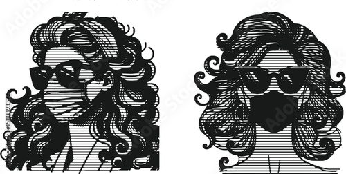  Monochrome lined engraving bundle of a stylish woman with voluminous hair, wearing a mask and sunglasses — detailed vintage vector portrait with artistic bold shading and elegance