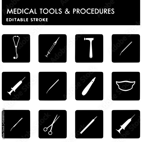 A grid of twelve simple line icons illustrating various medical procedures and equipment. Each icon includes items like a stethoscope, syringe, IV drip, surgical scissors, face mask, and thermometer. 