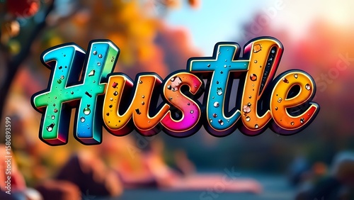 Ai generated image of the word hustle in bold 3d lettering showcases a vibrant multicolor gradient against a blurred autumn foliage background