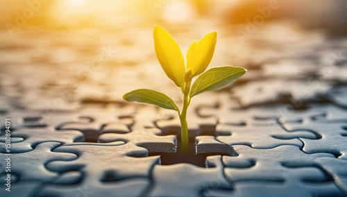 A young plant sprouts from a gap in a completed puzzle, bathed in warm sunlight