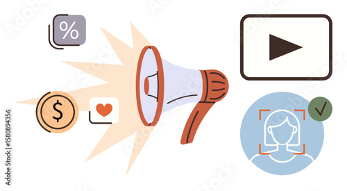 Megaphone amplifying social engagement icons thumbs up percentage, currency, heart, video player, and user identification. Ideal for marketing, branding, social media, strategy promotion analytics