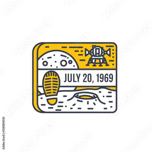 An illustration depicting the Apollo 11 moon landing, with a footprint and lunar module.