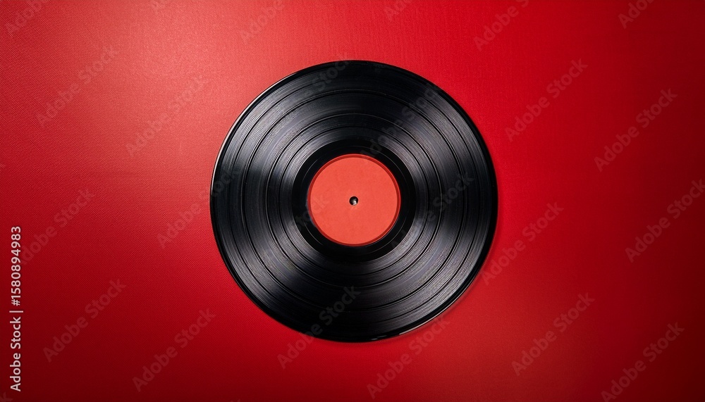 Fototapeta premium vintage black vinyl record on a vibrant red background perfect for music and retro themed designs