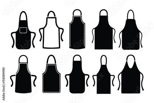 Collection of black silhouette icons representing various styles of aprons showcasing different designs for culinary and protective wear