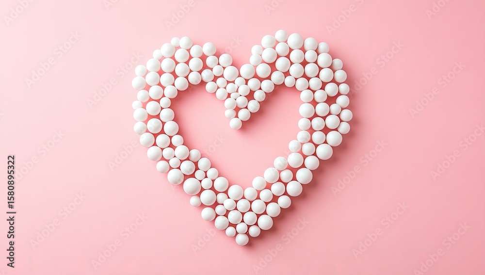 Heart shape formed from white balls on a pink background Heart shape formed from white balls on a pink background