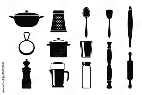 A collection of black silhouette kitchen utensils and cookware including pots pans a grater a spoon spatulas a cutting board a pepper mill a kettle and a rolling pin