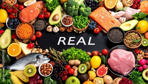 fruits, vegetables, fish, meat and text real food