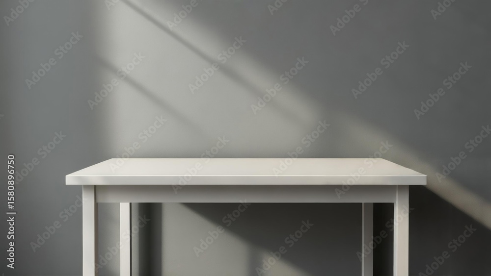 Fototapeta premium Minimalist white table against gray wall with sunlight shadows