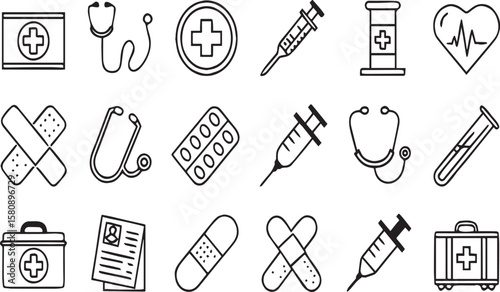 Vector Icons of Syringe, Stethoscope, and Pills