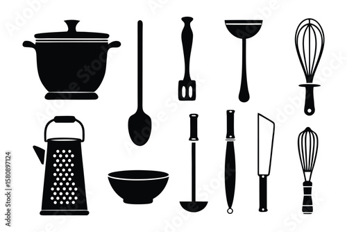 Essential Kitchen Utensils: A collection of black and white silhouettes of essential kitchen utensils arranged meticulously on a bright background.