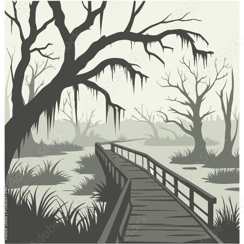 A winding wooden boardwalk leads through a misty atmospheric swamp with silhouetted bare trees draped in spanish moss and tall reeds