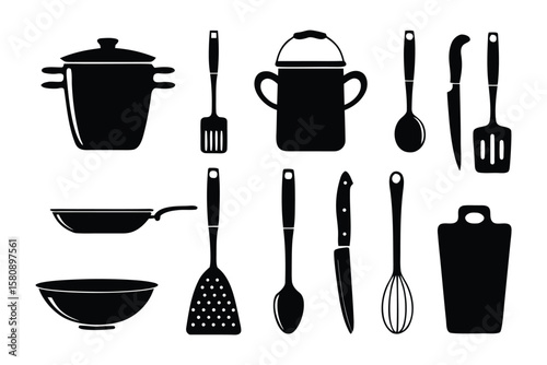 Culinary Essentials: A collection of sleek, monochrome kitchen tools, perfectly illustrating the necessary equipment for a delicious cooking experience. 