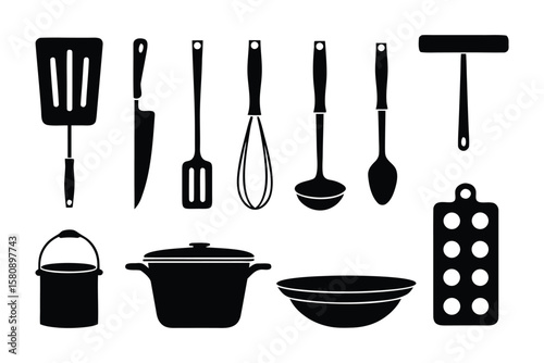 A collection of black silhouette kitchen utensils and cookware including spatulas a knife whisk ladle spoon bucket pot bowl and cutting board