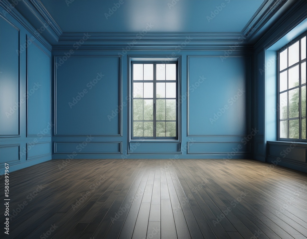 Obraz premium blue empty room with window and parquet floor 3d rendering