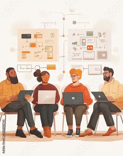 Diverse team collaborates on project, using laptops and flowcharts.