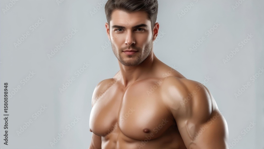 Fototapeta premium Muscular young caucasian male with fit physique standing confidently