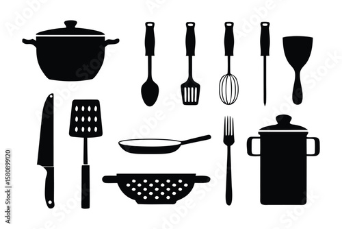 A collection of black silhouette kitchen utensils and cookware including pots pans a whisk a knife a fork a spatula and a colander