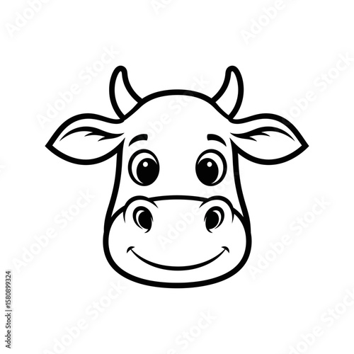 A cute cartoon cow face with big eyes isolated on white background