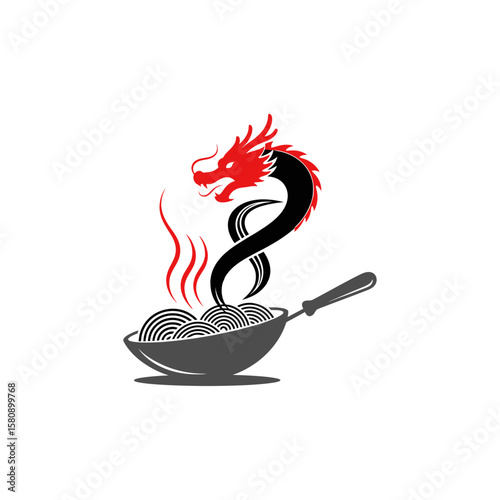 A dragon emerges from a wok of noodles, isolated on white background