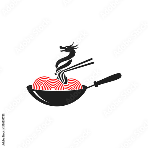 A dragon rises from a wok of noodles, isolated on white background