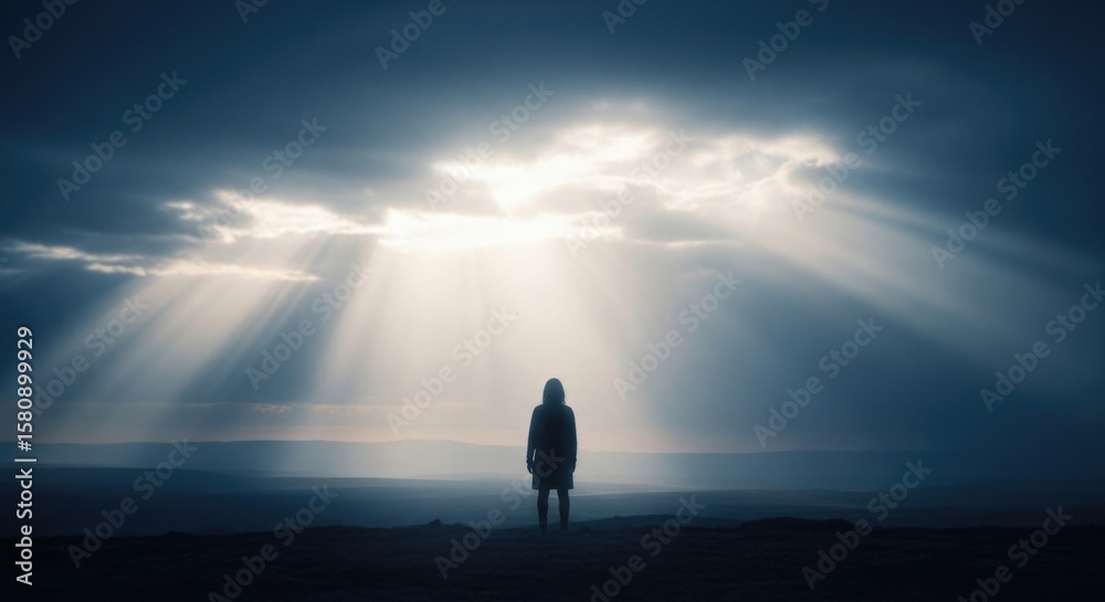 Fototapeta premium Solitary figure under dramatic sky with sun rays breaking through clouds
