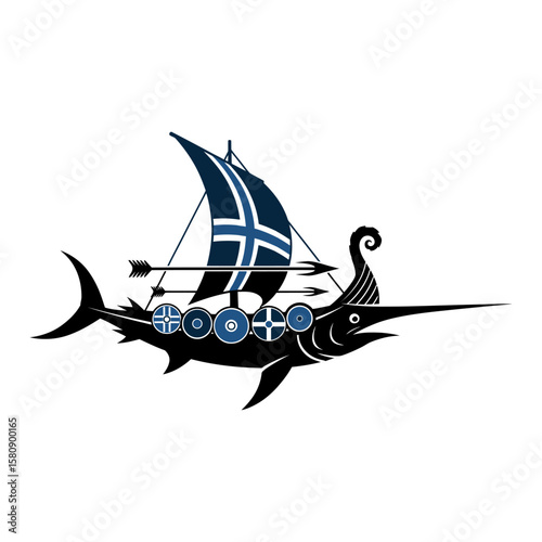 A swordfish viking ship sails the ocean, isolated on white background