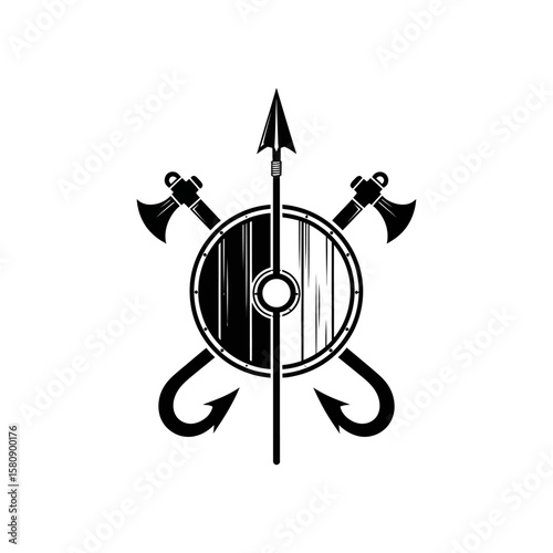 A black and white viking shield with spear, axes and hooks creates a logo