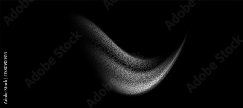 Grain textured wavy shape. Gradient abstract white noise element. Fluid stipple, halftone splatter, dotwork. Isolated on black background. Vector illustration.