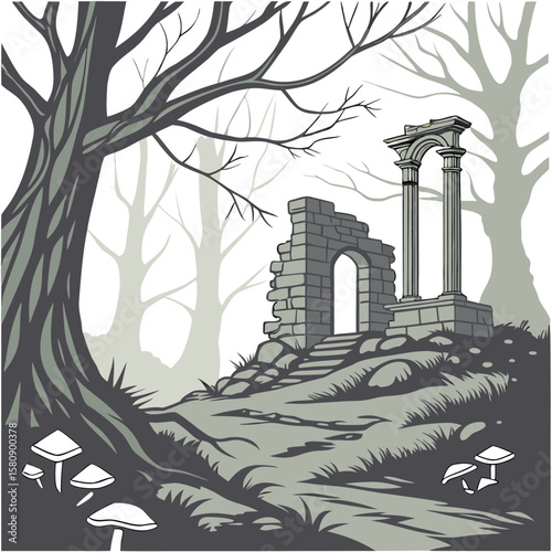 A mysterious ancient stone ruin with an arched doorway and classical columns stands on a grassy hill amidst a dark foreboding forest with bare trees and mushrooms