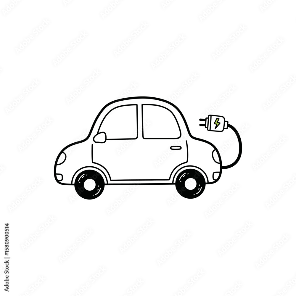 Fototapeta premium A green leaf adorns an electric car connected to a plug isolated on white background