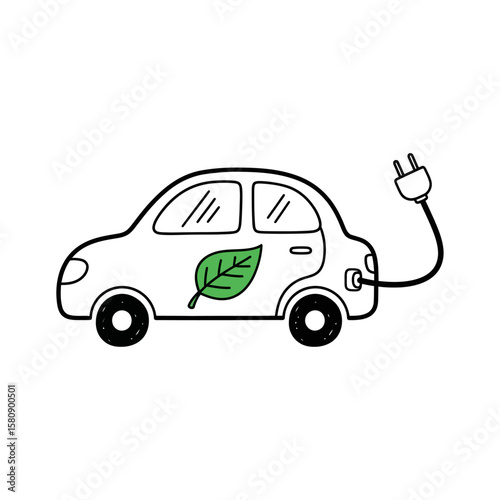 A green leaf decorates an electric car being charged isolated on white background