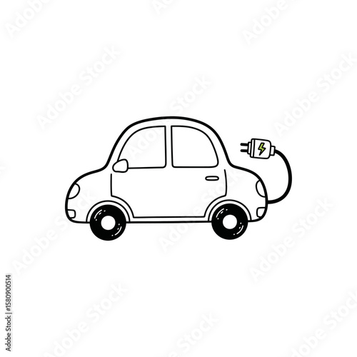 A green leaf adorns an electric car connected to a plug isolated on white background