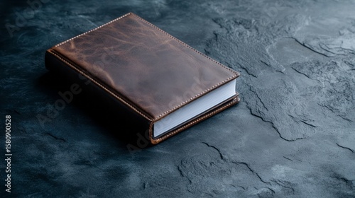 Elegant brown leather notebook on dark textured surface with subtle shadows and highlights