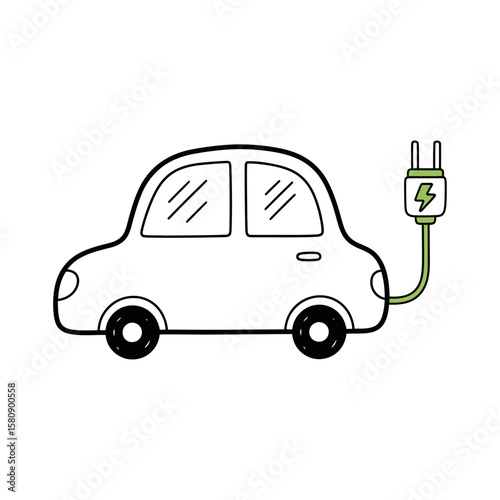 An electric car with a leaf symbol and a plug isolated on white background