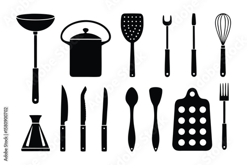 Culinary Ensemble: An array of meticulously crafted kitchen utensils, silhouetted against a pristine backdrop, embody culinary excellence.
