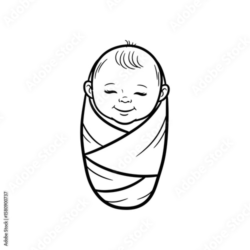 A cute newborn baby is swaddled tightly in a cozy blanket, isolated on white background