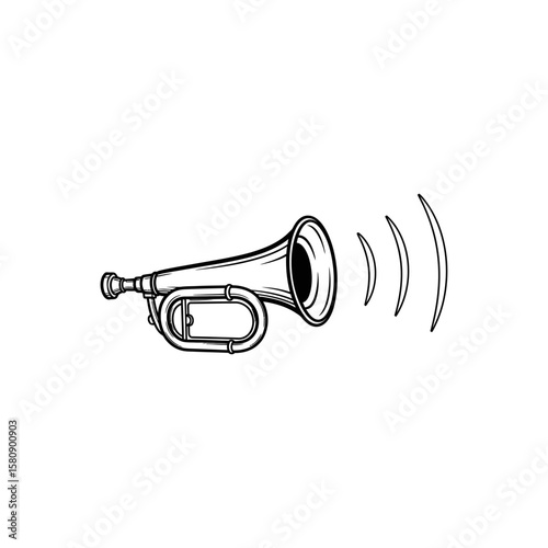 A classic trumpet emitting sound waves isolated on white background