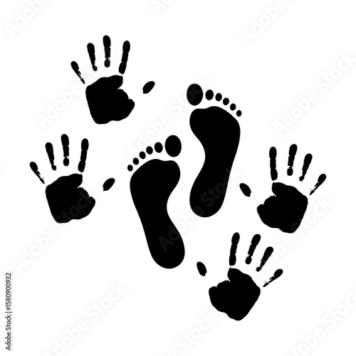 Black handprints and footprints isolated on white background