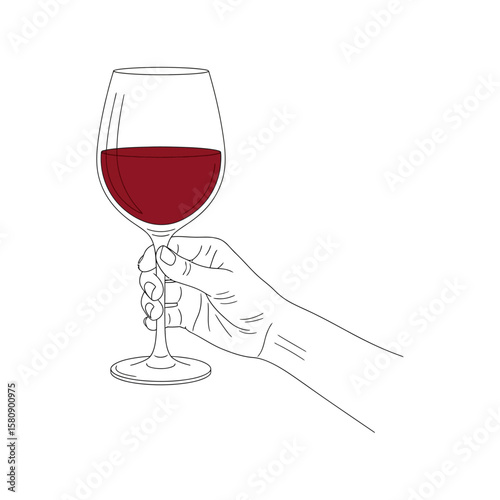 A hand is holding a glass of red wine isolated on white background