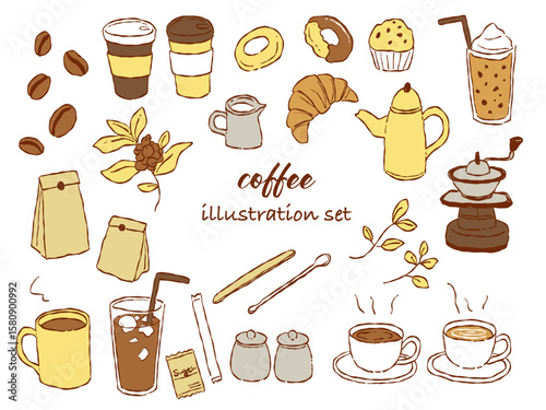 手描きテイストなコーヒーやカフェのイラストセット(イエローカラー)
