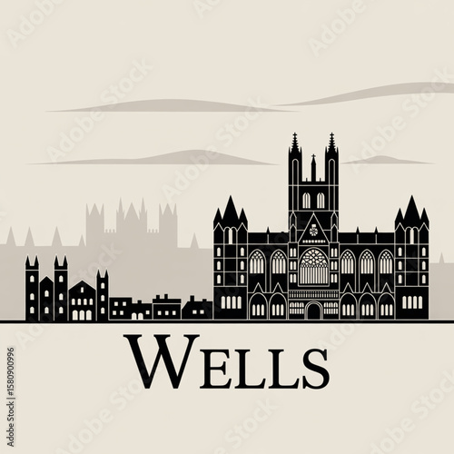 Wells Skyline Silhouette - Historic Cathedral City of England Vector Illustration