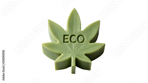 Green leaf shaped object with eco carved text isolated on transparent background
