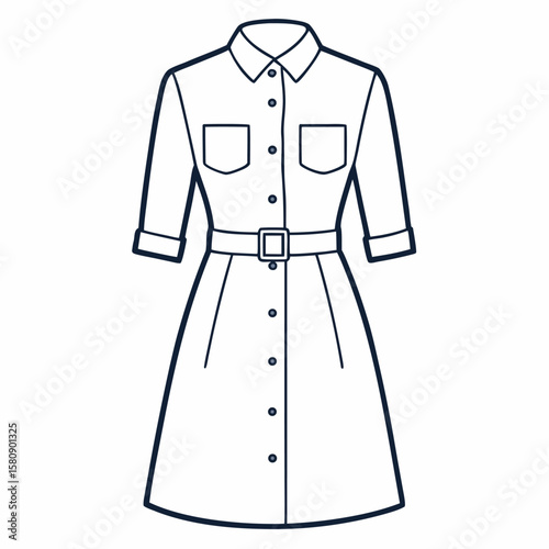 Fashionable button down shirt dress with a belt and practical pockets